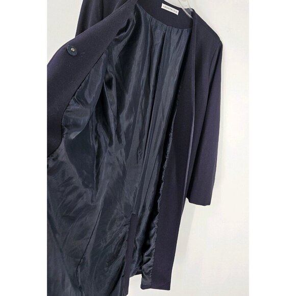 Nostalgia Sz M Navy Blue Collarless Lined Midi Dress Jacket 1 Snap Open Front - Picture 6 of 6